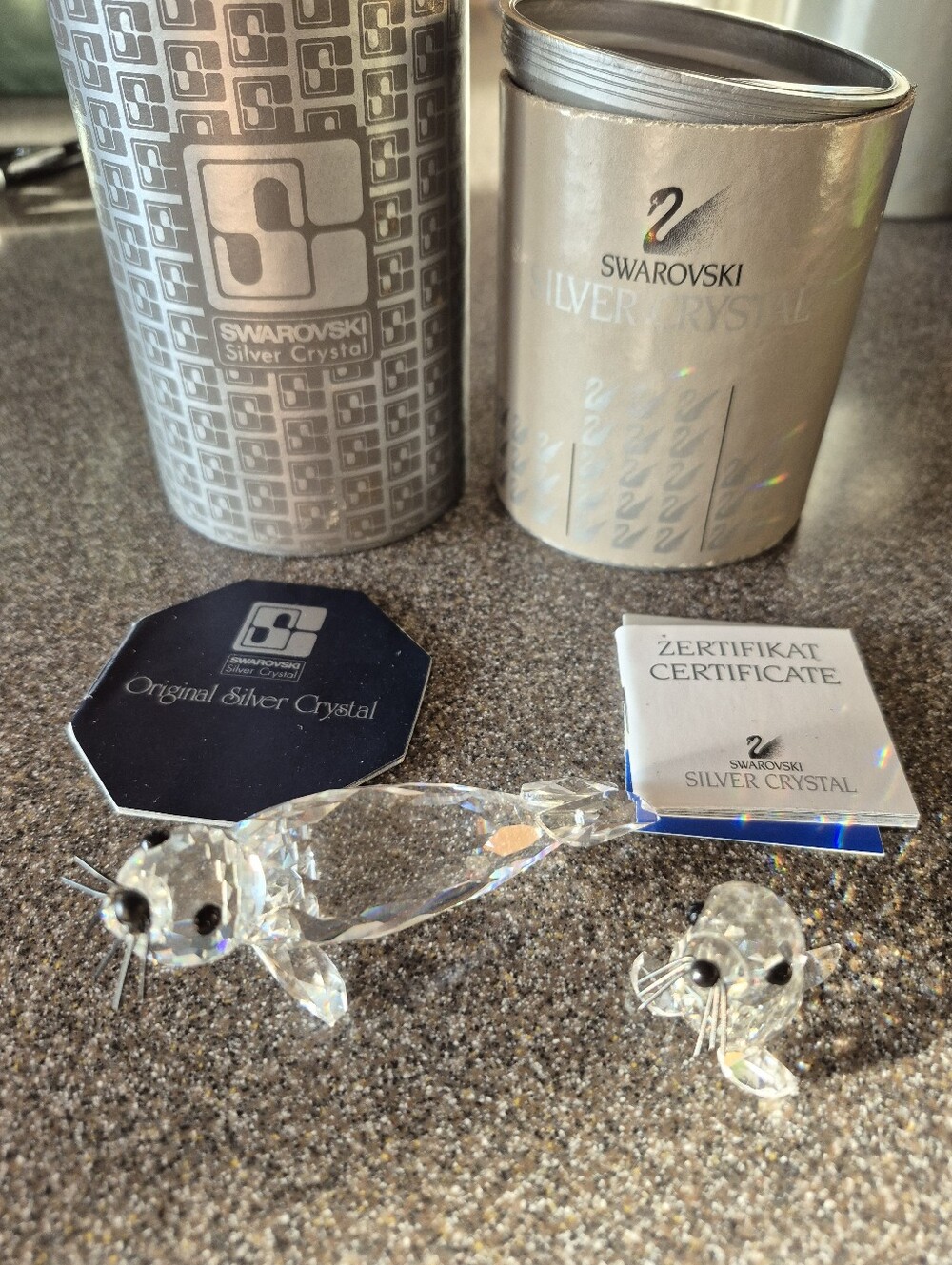 Swarovski Retired Clear Crystal Seal Mother And Baby Figurines